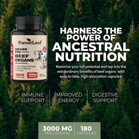 ForestLeaf Beef Organ Supplement - Grass Fed & Pasture Raised - Total Body Wellness & Performance, Organ Complex with 3000mg of Desiccated Beef Liver, Heart, Kidney, Pancreas, Spleen (180 Capsules) in Saudi Arabia