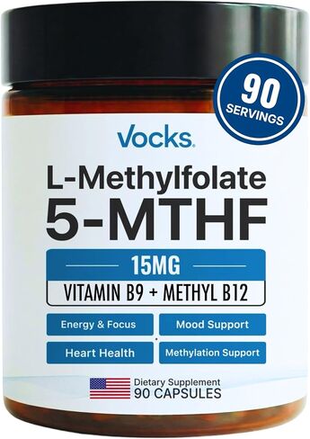 Vocks L Methylfolate 15mg | 5-MTHF + Methyl B12 | High Potency Methylfolate Supplement | Active Methylated Folate Vitamin B9 | MTHFR Supplement| Folate Supplement for Women & Men | 90 Capsules in Saudi Arabia