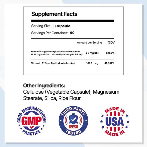 Vocks L Methylfolate 15mg | 5-MTHF + Methyl B12 | High Potency Methylfolate Supplement | Active Methylated Folate Vitamin B9 | MTHFR Supplement| Folate Supplement for Women & Men | 90 Capsules in Saudi Arabia