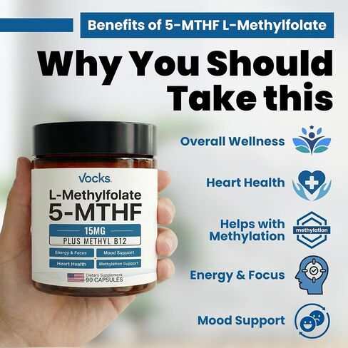 Vocks L Methylfolate 15mg | 5-MTHF + Methyl B12 | High Potency Methylfolate Supplement | Active Methylated Folate Vitamin B9 | MTHFR Supplement| Folate Supplement for Women & Men | 90 Capsules in Saudi Arabia