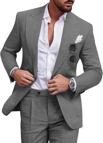UNINUKOO Linen Suit for Men Summer Wedding 2 Piece Suit Set Peak Lapel Casual Blazer Pants Beach Wear for Men in Kuwait