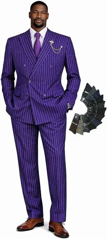 Men's Double Breasted Pinstripe Suit - 6x2 Regular Fit 2-Piece Gangster Stripe Set with Adjustable Waist & Socks in Saudi Arabia