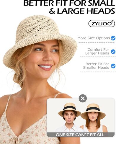 Zylioo XL Straw Bucket Hats,Large Summer Travel Hats,S M Shapeable Wide Brim UPF 50 Beach Sun Hats Packable in Kuwait