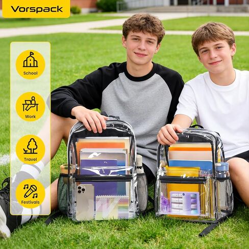 حقيبة ظهر شفافة شديدة التحمل من Vorspack - حقائب ظهر شفافة كبيرة للمدرسة يمكن رؤيتها من خلال حقيبة ظهر للأولاد والبنات حقيبة كتب شفافة للكلية والعمل والحفلات الموسيقية - أسود in Kuwait