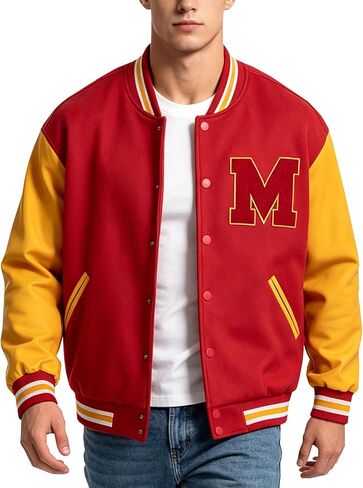 MJ Thriller Varsity Letterman Bomber Jacket Red and Yellow with M Logo Faux Leather Lightweight Vintage Style in Kuwait