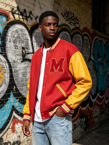MJ Thriller Varsity Letterman Bomber Jacket Red and Yellow with M Logo Faux Leather Lightweight Vintage Style in Kuwait