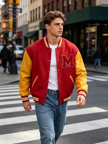 MJ Thriller Varsity Letterman Bomber Jacket Red and Yellow with M Logo Faux Leather Lightweight Vintage Style in Kuwait