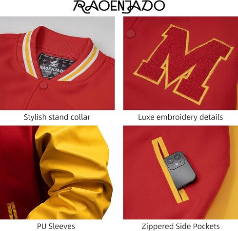 MJ Thriller Varsity Letterman Bomber Jacket Red and Yellow with M Logo Faux Leather Lightweight Vintage Style in Kuwait