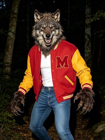 MJ Thriller Varsity Letterman Bomber Jacket Red and Yellow with M Logo Faux Leather Lightweight Vintage Style in Kuwait