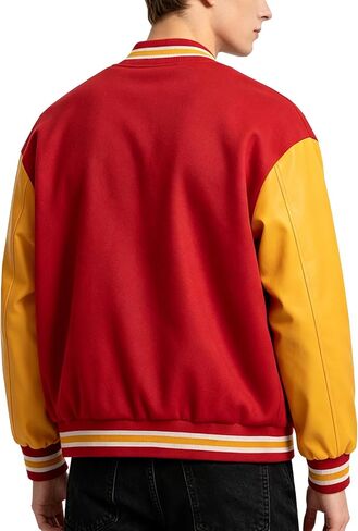 MJ Thriller Varsity Letterman Bomber Jacket Red and Yellow with M Logo Faux Leather Lightweight Vintage Style in Kuwait