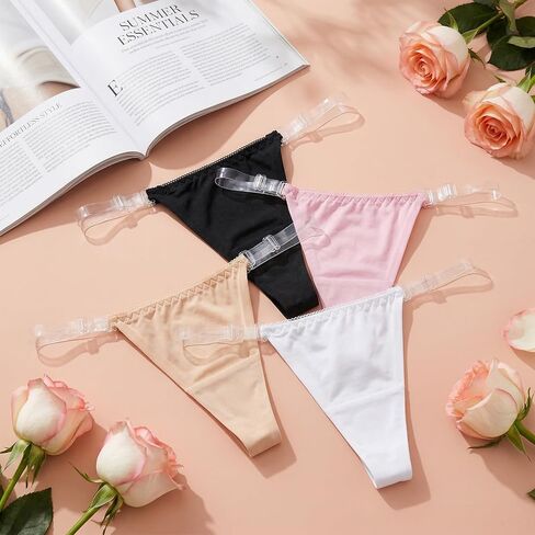 Amaxiu 4 Pack Women's Clear Strap Thong, Invisible No Show G-String Underwear, Adjustable Cotton G String Thongs for Women in Kuwait