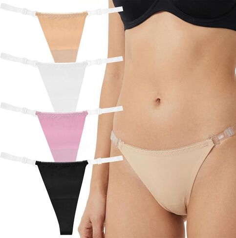 Amaxiu 4 Pack Women's Clear Strap Thong, Invisible No Show G-String Underwear, Adjustable Cotton G String Thongs for Women in Kuwait