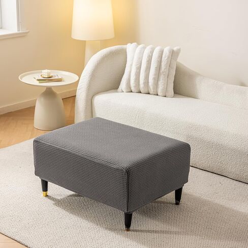 Ottoman Cover Slipcover Rectangle Fit Length 25"-30" Stretch Foot Stool Slip Cover, Footrest Slipcovers Protector with Elastic Band, Ottoman Cover Removable Washable(Small,Grid Weave Grey) in Saudi Arabia