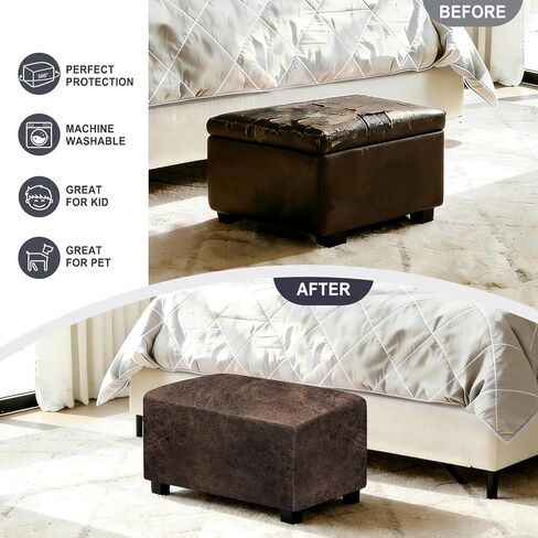 ANARACHON Leather Like Ottoman Cover, Stretch Small Square Ottoman Covers, Rectangular Ottoman Slipcovers with Removable Washable Non-Slip Elastic Bottom for Footstools (02 Brown, Small) in Saudi Arabia