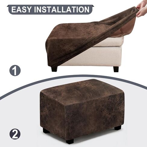 ANARACHON Leather Like Ottoman Cover, Stretch Small Square Ottoman Covers, Rectangular Ottoman Slipcovers with Removable Washable Non-Slip Elastic Bottom for Footstools (02 Brown, Small) in Saudi Arabia