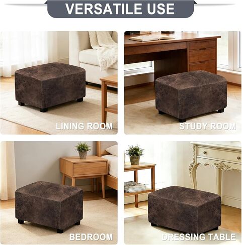 ANARACHON Leather Like Ottoman Cover, Stretch Small Square Ottoman Covers, Rectangular Ottoman Slipcovers with Removable Washable Non-Slip Elastic Bottom for Footstools (02 Brown, Small) in Saudi Arabia
