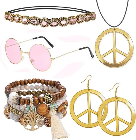 kasahara 5 Pcs Hippie Costume Accessories for Women 60s 70s Hippie Outfit Gifts Headband Peace Sign Necklace Earrings Bracelet Sunglasses in Saudi Arabia