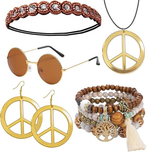 kasahara 5 Pcs Hippie Costume Accessories for Women 60s 70s Hippie Outfit Gifts Headband Peace Sign Necklace Earrings Bracelet Sunglasses in Saudi Arabia