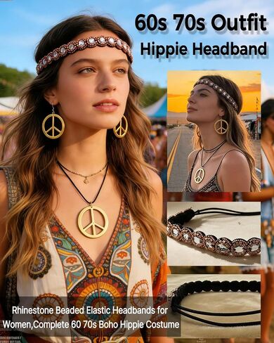 kasahara 5 Pcs Hippie Costume Accessories for Women 60s 70s Hippie Outfit Gifts Headband Peace Sign Necklace Earrings Bracelet Sunglasses in Saudi Arabia