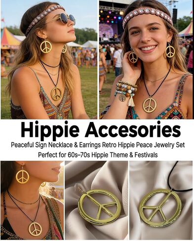 kasahara 5 Pcs Hippie Costume Accessories for Women 60s 70s Hippie Outfit Gifts Headband Peace Sign Necklace Earrings Bracelet Sunglasses in Saudi Arabia