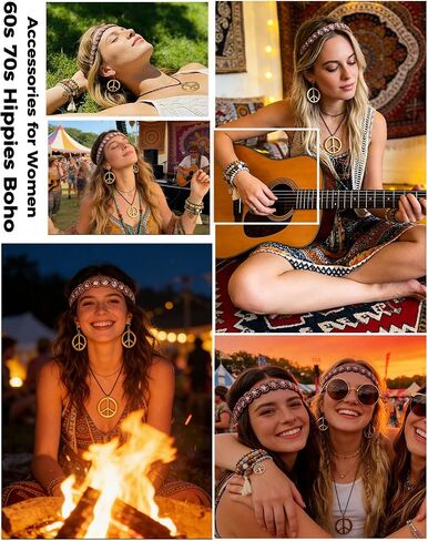kasahara 5 Pcs Hippie Costume Accessories for Women 60s 70s Hippie Outfit Gifts Headband Peace Sign Necklace Earrings Bracelet Sunglasses in Saudi Arabia