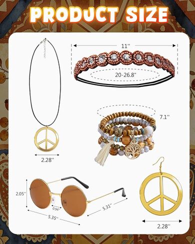 kasahara 5 Pcs Hippie Costume Accessories for Women 60s 70s Hippie Outfit Gifts Headband Peace Sign Necklace Earrings Bracelet Sunglasses in Saudi Arabia