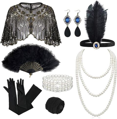 Boonbery 1920s Flapper Gatsby Accessories Set for Women Roaring 20's Theme Party Costume Kit Fashion Roaring 20's Theme Set Black Gold in Saudi Arabia