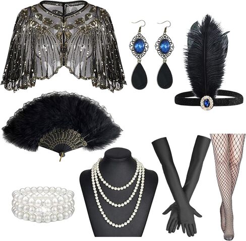 Boonbery 1920s Flapper Gatsby Accessories Set for Women Roaring 20's Theme Party Costume Kit Fashion Roaring 20's Theme Set Black Gold in Saudi Arabia