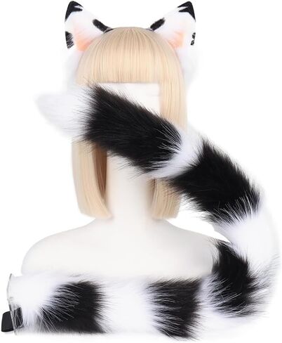 QinRuan Animal Cosplay Costume Accessories Furry Faux Fur Cat Ears Headband and Fox Tail Set Halloween Accessory in Saudi Arabia