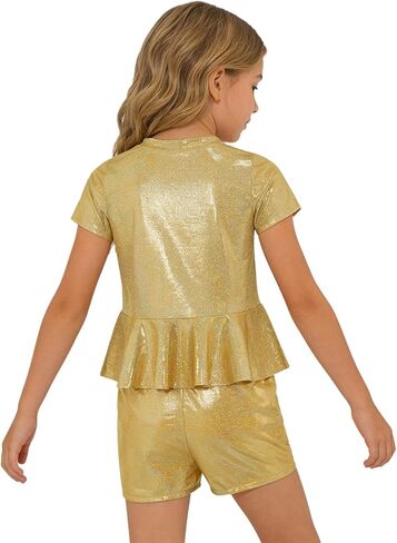 Kids Hip Hop Dance Peplum Top Shorts Sets Shiny Jazz Disco Outfits Cheer Outfit for Cheerleading Gold 7-8 Years in Saudi Arabia