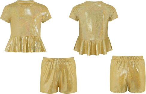 Kids Hip Hop Dance Peplum Top Shorts Sets Shiny Jazz Disco Outfits Cheer Outfit for Cheerleading Gold 7-8 Years in Saudi Arabia