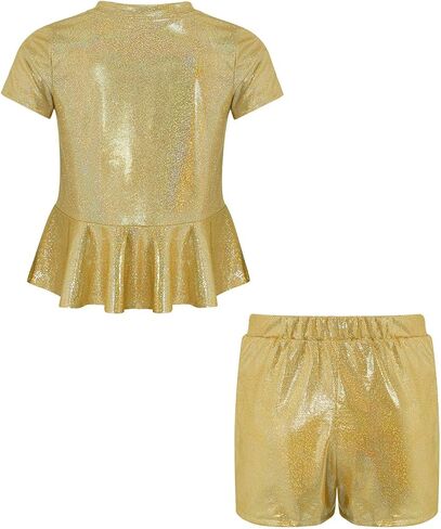 Kids Hip Hop Dance Peplum Top Shorts Sets Shiny Jazz Disco Outfits Cheer Outfit for Cheerleading Gold 7-8 Years in Saudi Arabia