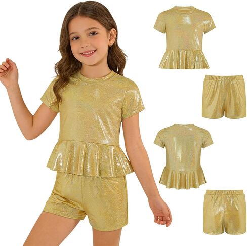 Kids Hip Hop Dance Peplum Top Shorts Sets Shiny Jazz Disco Outfits Cheer Outfit for Cheerleading Gold 7-8 Years in Saudi Arabia