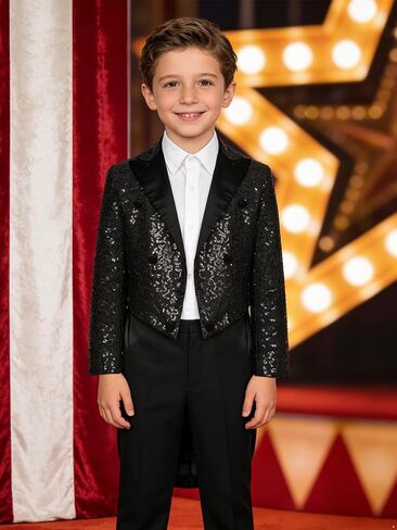 JEATHA Kids Boys Classic Fit Tuxedo Sequined Blazer Tailcoat Party Wedding Swallowtail Suit Jacket Tux Dress Coat in Saudi Arabia