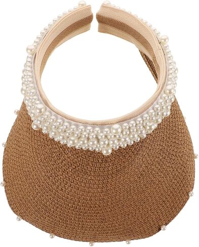 Mobestech Straw Sun Visor Hat for Women with Pearl Accent - Breathable Lightweight Beach Hat for Summer Vacation Outdoor Activities and Poolside Protection in Kuwait