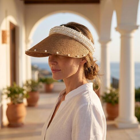 Mobestech Straw Sun Visor Hat for Women with Pearl Accent - Breathable Lightweight Beach Hat for Summer Vacation Outdoor Activities and Poolside Protection in Kuwait