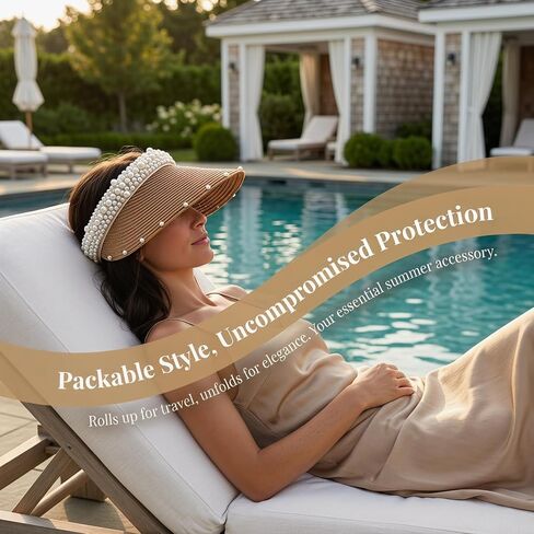 Mobestech Straw Sun Visor Hat for Women with Pearl Accent - Breathable Lightweight Beach Hat for Summer Vacation Outdoor Activities and Poolside Protection in Kuwait