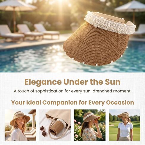 Mobestech Straw Sun Visor Hat for Women with Pearl Accent - Breathable Lightweight Beach Hat for Summer Vacation Outdoor Activities and Poolside Protection in Kuwait