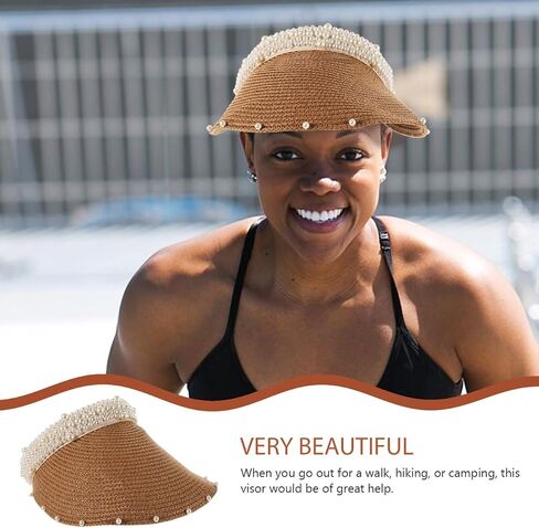 Mobestech Straw Sun Visor Hat for Women with Pearl Accent - Breathable Lightweight Beach Hat for Summer Vacation Outdoor Activities and Poolside Protection in Kuwait
