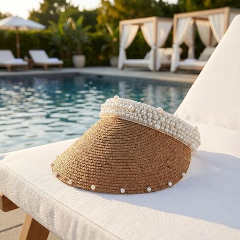 Mobestech Straw Sun Visor Hat for Women with Pearl Accent - Breathable Lightweight Beach Hat for Summer Vacation Outdoor Activities and Poolside Protection in Kuwait