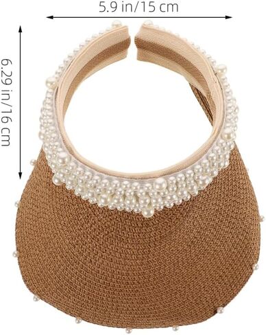 Mobestech Straw Sun Visor Hat for Women with Pearl Accent - Breathable Lightweight Beach Hat for Summer Vacation Outdoor Activities and Poolside Protection in Kuwait