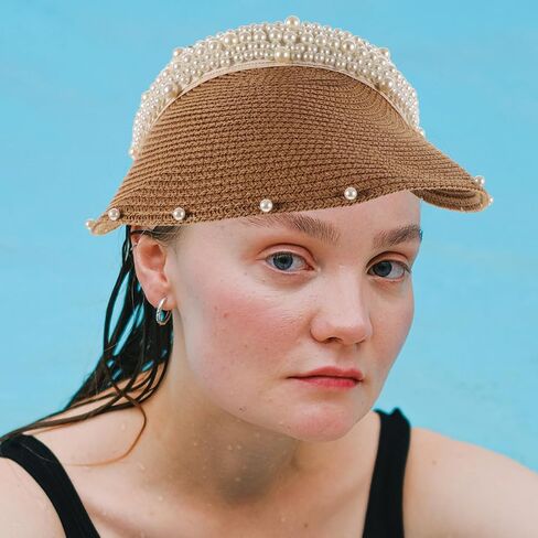 Mobestech Straw Sun Visor Hat for Women with Pearl Accent - Breathable Lightweight Beach Hat for Summer Vacation Outdoor Activities and Poolside Protection in Kuwait