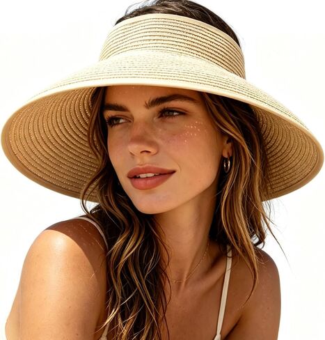 Straw Visor Sun Hats for Women Wide Brim Beach Hat Ponytail Summer Packable Foldable Travel Straw Visor Beige in Saudi Arabia