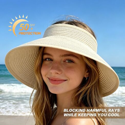 Straw Visor Sun Hats for Women Wide Brim Beach Hat Ponytail Summer Packable Foldable Travel Straw Visor Beige in Saudi Arabia