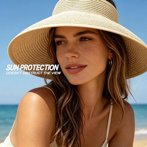 Straw Visor Sun Hats for Women Wide Brim Beach Hat Ponytail Summer Packable Foldable Travel Straw Visor Beige in Saudi Arabia