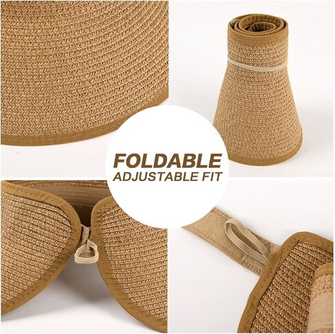 Straw Visor Sun Hats for Women Wide Brim Beach Hat Ponytail Summer Packable Foldable Travel Straw Visor Beige in Saudi Arabia