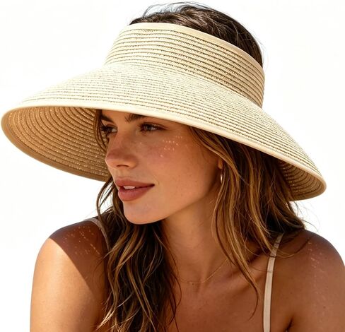 Straw Visor Sun Hats for Women Wide Brim Beach Hat Ponytail Summer Packable Foldable Travel Straw Visor Beige in Saudi Arabia