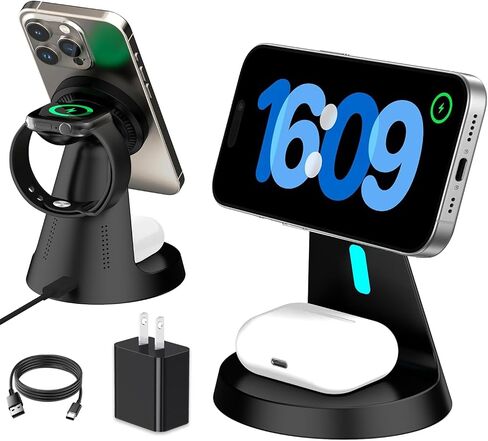 Wireless Charger Compatible with Mag-Safe,3 in 1 Charging Station for iPhone16/15/14/13/12 Series, Apple Watch,AirPods,and More,15W Fast Charging (USB-C Adapter Included) in Saudi Arabia