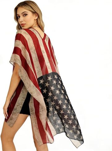 Women’s American Flag Swimsuit Cover Up 4th of July Outfits Patriotic Kimono Cardigan Lightweight Beachwear Cover Up for Independence Day Pool Party Outfit in Saudi Arabia