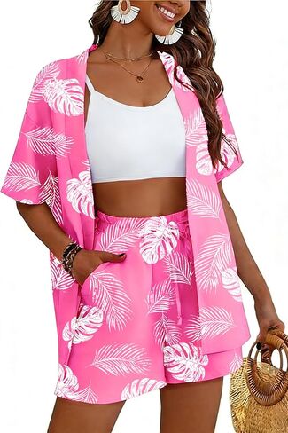 Women Hawaiian 2 Piece Outfits Summer Casual Short Sleeve Button Down Shirt Shorts Tropical Set Vacation Tracksuit in Saudi Arabia